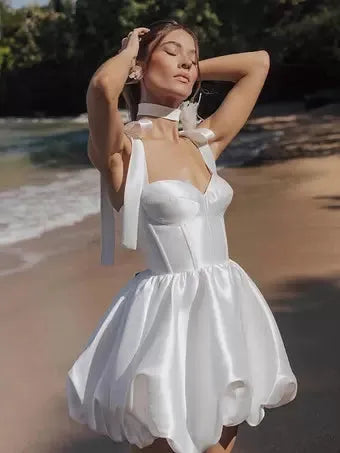 Ivory A-Line Calf Length Turtleneck Long Sleeves Wedding Dress Modern Princess White Vestido De Novia Mermaid Satin Bow Satin Court Train Sleeves Bridal Gowns Satin