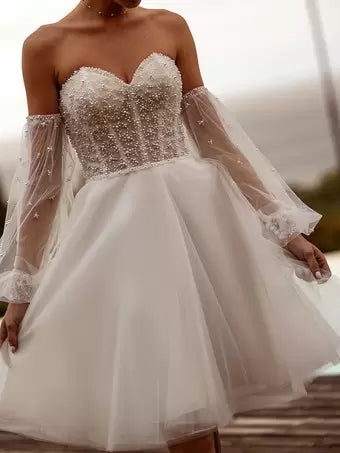 Short Wedding Dress Decorated with Pearls Strapless Long Sleeves Sweetheart Neck Zip on the Back Vestido De Novia Princess Gown Satin Mermaid Bow Satin Court Train Sleeves White Modern Bridal