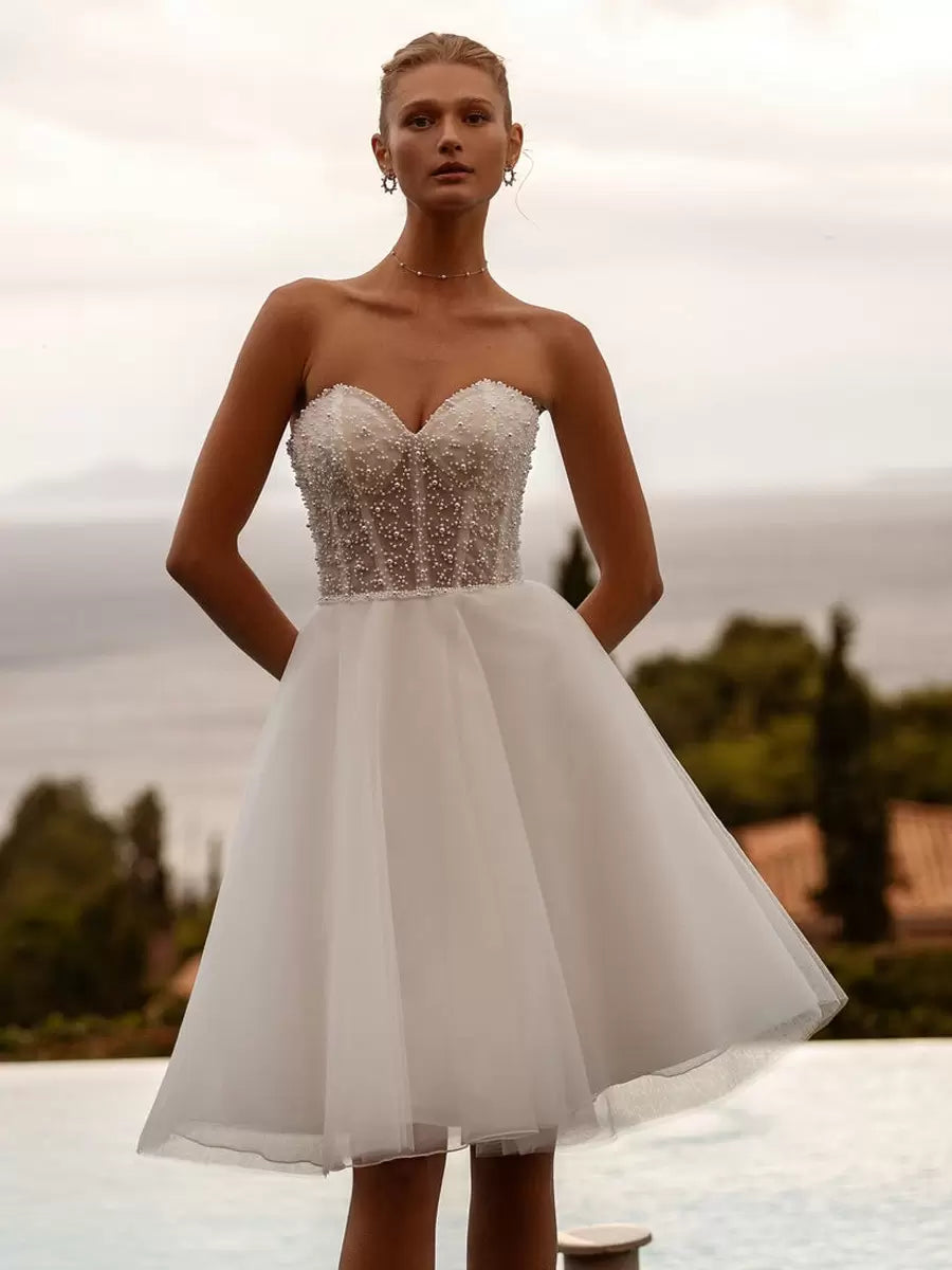 Short Wedding Dress Decorated with Pearls Strapless Long Sleeves Sweetheart Neck Zip on the Back Vestido De Novia Princess Gown Satin Mermaid Bow Satin Court Train Sleeves White Modern Bridal