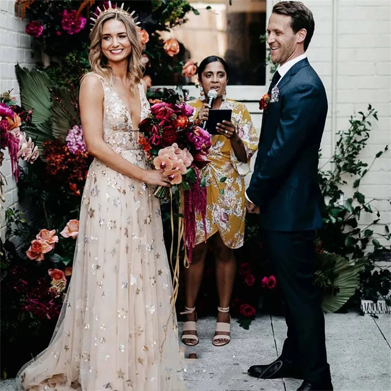 Boho Star فساتين السهرة verde Sexy con cuello en V Vestidos De Noche encaje bordado vestido De novia brillante A-line vestido De graduación