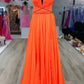 Orange Prom Dresses 2024 Chiffon Beaded Pleats V Neck Strapless Long A Line Sweep Train Formal Party Evening Gowns Custom made