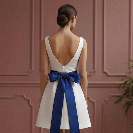 Mini Wedding Dress Royal Ribbon Tie Short Hem Satin Classic