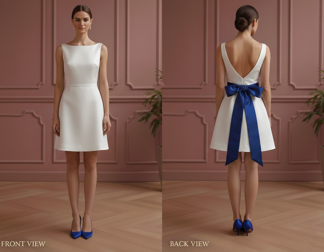 Mini Wedding Dress Royal Ribbon Tie Short Hem Satin Classic