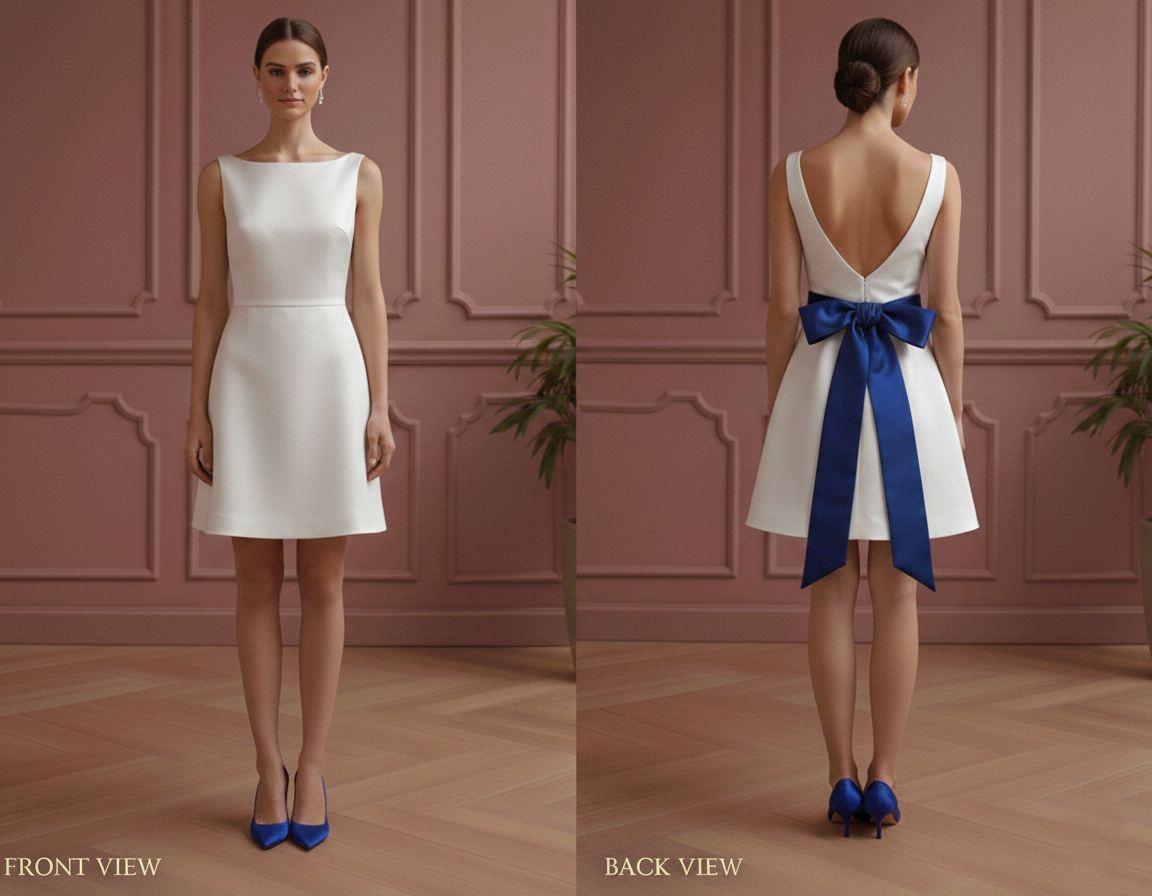 Mini Wedding Dress Royal Ribbon Tie Short Hem Satin Classic