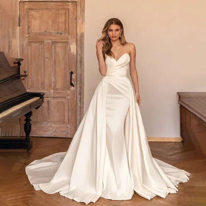 LORIE-vestidos de novia sexis de satén con hombros descubiertos y tren desmontable, vestidos de novia de corte en A, color blanco/Marfil, vestidos de novia