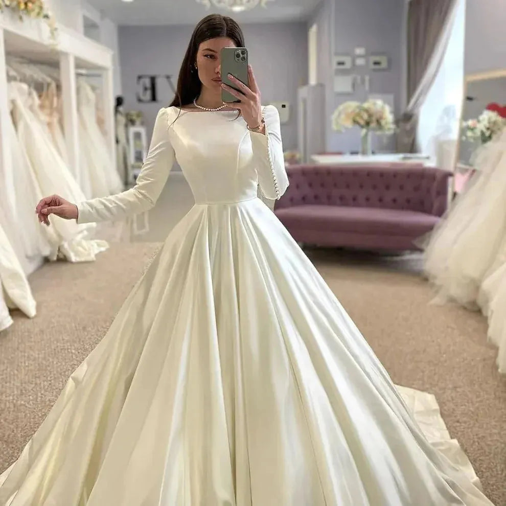 Princess Wedding Dresses A Line Boat Neck Bridal Gowns Long Sleeve Elegant Satin Wedding Party Gowns With Romantic Buttons Ivory 26w Satin
