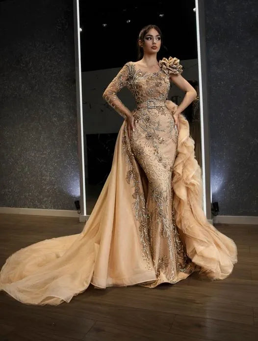 Luxury Overskirts Mermaid Prom Dresses Long Sleeves Beaded Appliques Champagne Formal Evening Dress with Dechable Train Robe Champagne