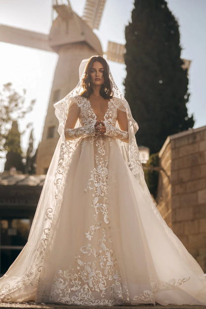 Deep V-Neck Lace Princess Wedding Dresses Illusion Long Sleeves Appliques A-Line Bridal Gowns Backless Bride Dresses