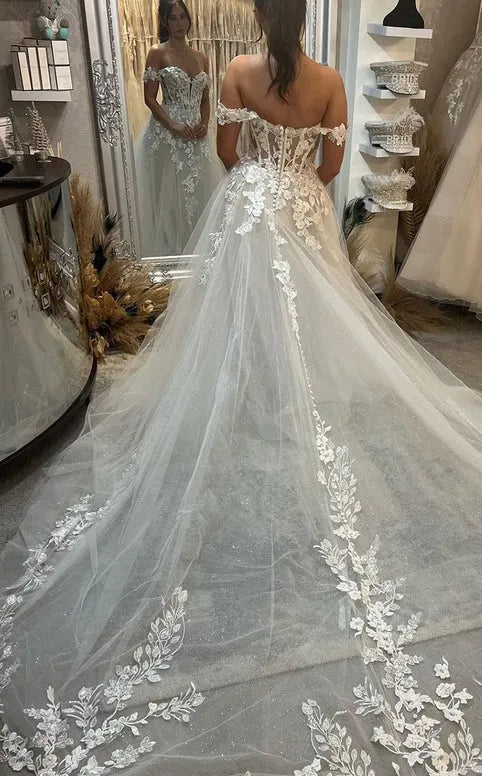 Boho Wedding Dresses A Line Off The Shoulder Sweetheart Neck Bridal Dress Lace Appliques Beading Wedding Ball Gowns Ivory 26w Boho