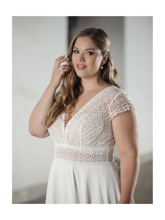 Vestido de novia elegante con cuello en V, manga corta, Espalda descubierta, Vestidos de novia de gasa, corte en A, Vestidos de novia de talla grande Para Mujer