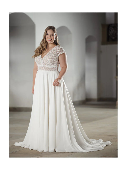 Gaun Perkahwinan V-Neck Elegant Lengan Pendek Backless Chiffon Bride Gowns A-Line Plus Size Bridal Vestidos Para Mujer