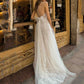 Delicate Lace Beach Wedding Dresses Plunging Neckline Illusion Boho Bride Dresses Bow Back A-Line Tulle Wedding Gowns