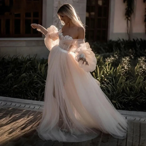 Gaun Pengantin Putri Sayang Panjang Lengan Puff Lipit Gaun Pengantin Tulle Beach A-Line Fluffy Bride