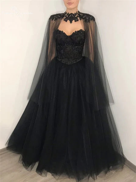 Vestido de fiesta gótico negro con escote en forma de corazón, capa con bordado de encaje, vestido de noche de tul de corte A