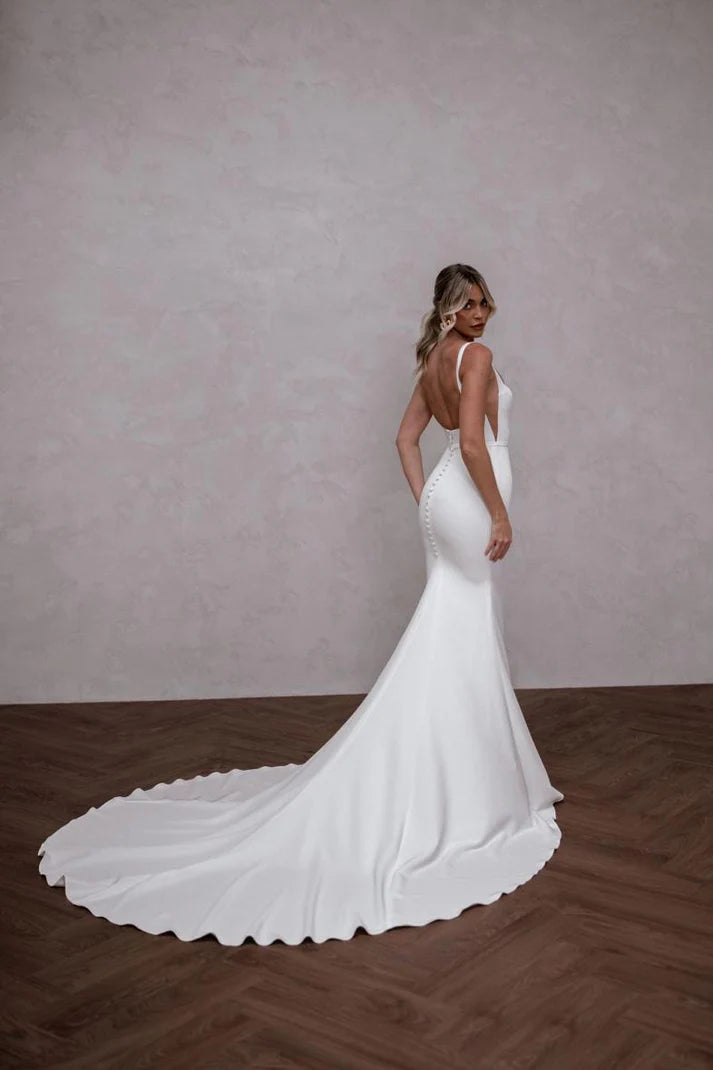 Vestidos De novia elegantes De sirena, Vestidos De novia sencillos con tirantes finos y espalda abierta con cuello cuadrado, Vestidos De novia