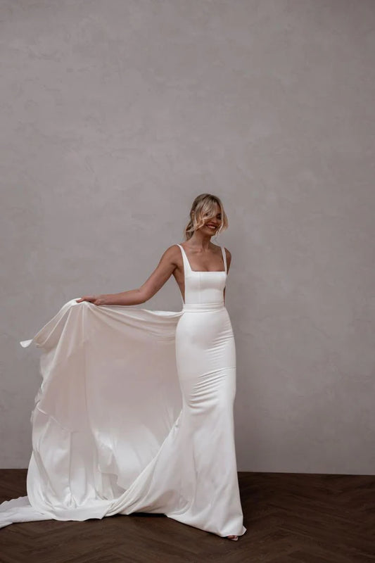 Elegant Mermaid Wedding Dresses Women Spaghetti Strap Open Back Square Collar Simple Bridal Gowns Sweep Train Vestidos De Noiva