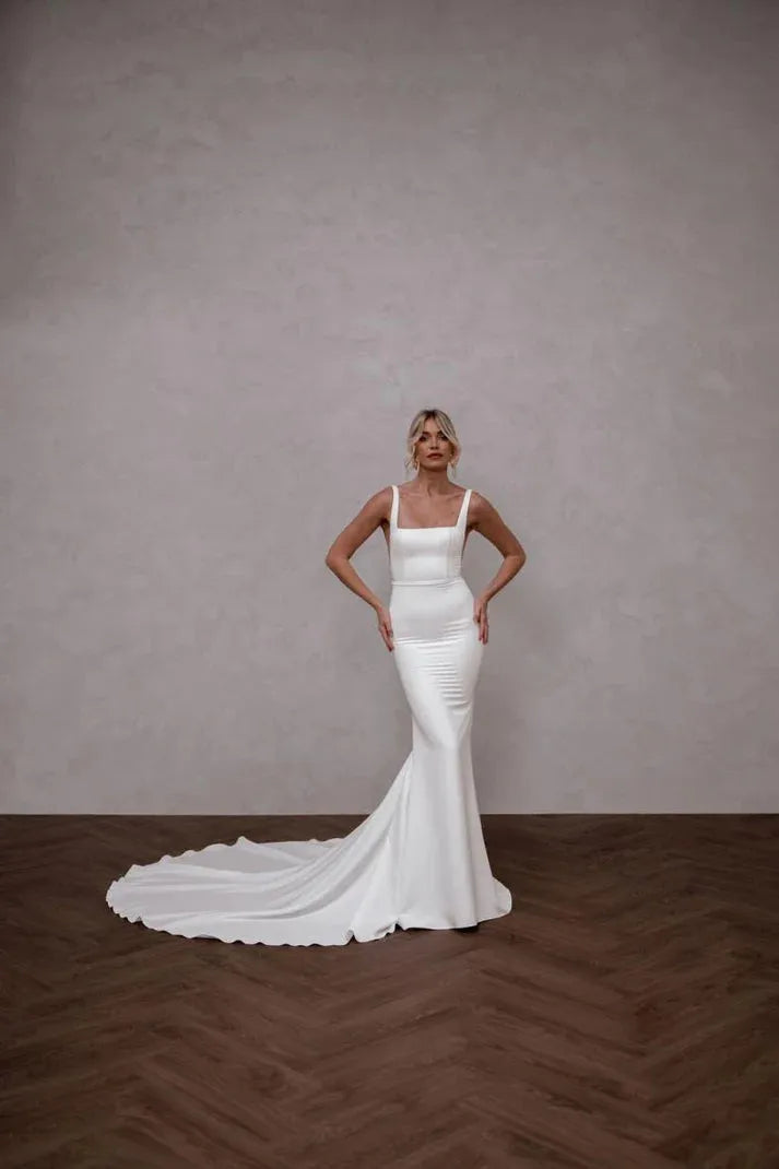 Elegant Mermaid Wedding Dresses Women Spaghetti Strap Open Back Square Collar Simple Bridal Gowns Sweep Train Vestidos De Noiva