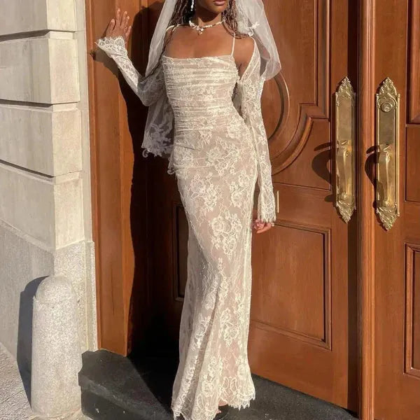 Ivory Mermaid Wedding Party Dresses Lace Two Pieces Evening Dresses for Women Lace Up Long Sleeves Prom Dress Brides Gowns WHITE