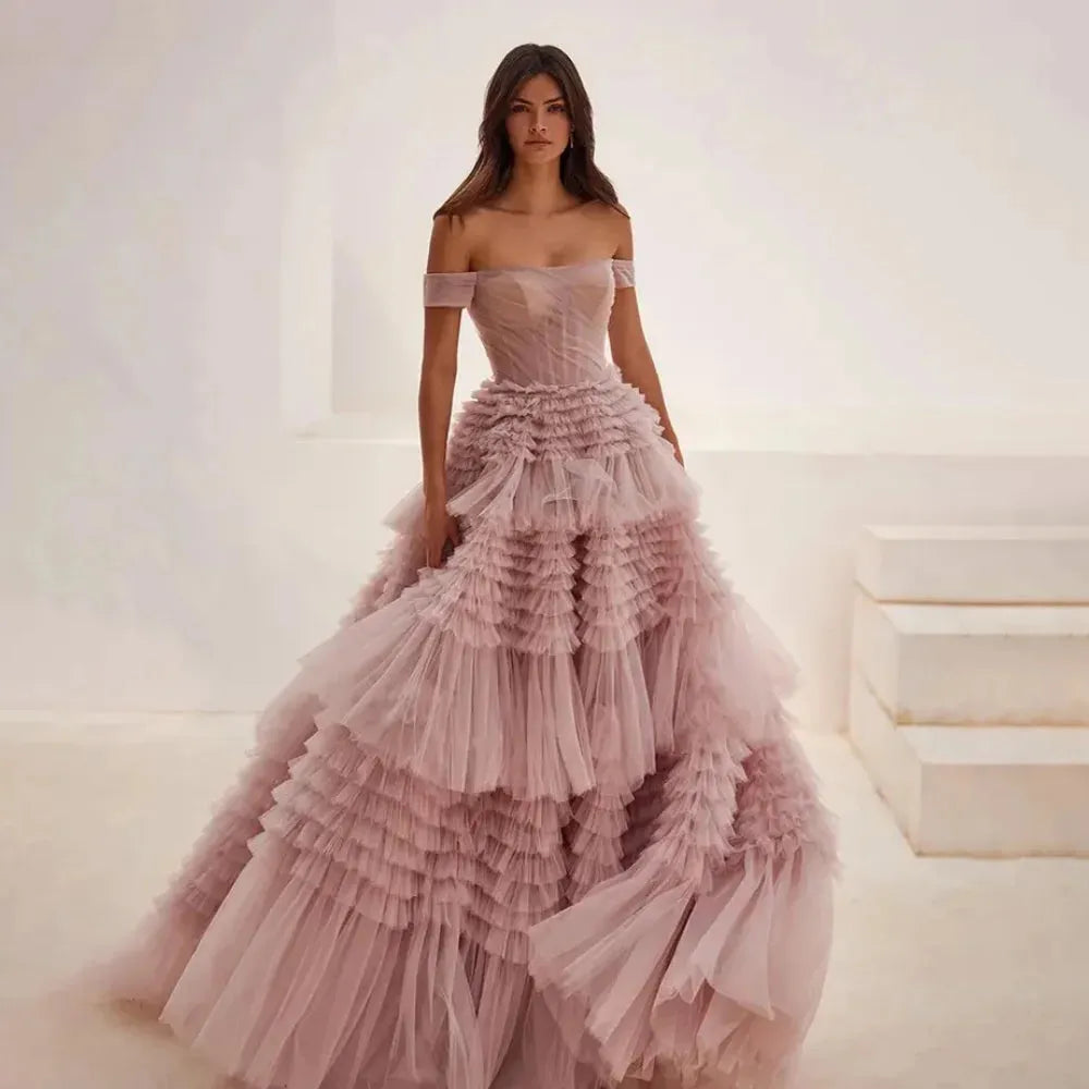 Elegant Off Shoulder Tulle Prom Dress Multilayer Mesh Sleeveless Ball Gown Vestidos De Fiesta Long Train Party Dress as pic