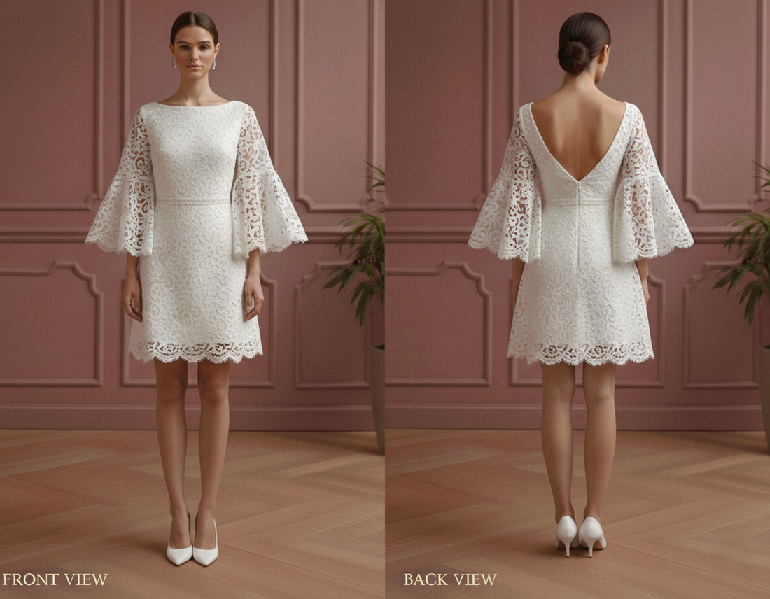Flare Sleeve Wedding Dress 70s Boho Short Lace Bridal Wear