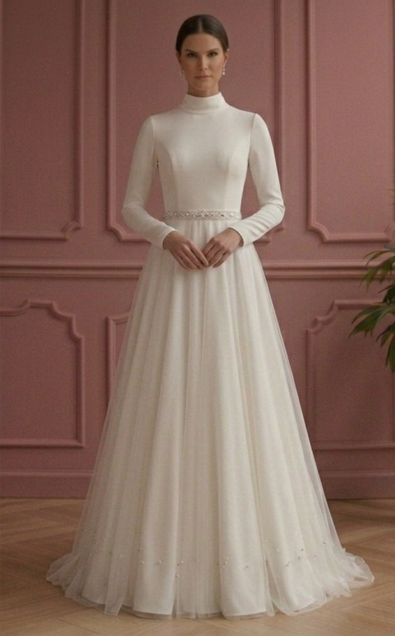 Modest A-Line Wedding Dress High Neck Long Sleeve Bridal