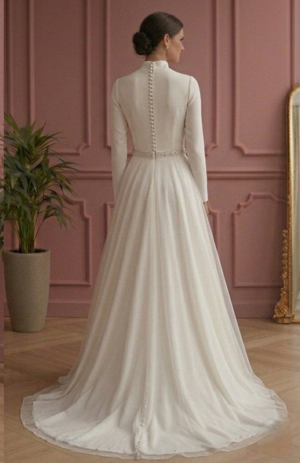 Modest A-Line Wedding Dress High Neck Long Sleeve Bridal