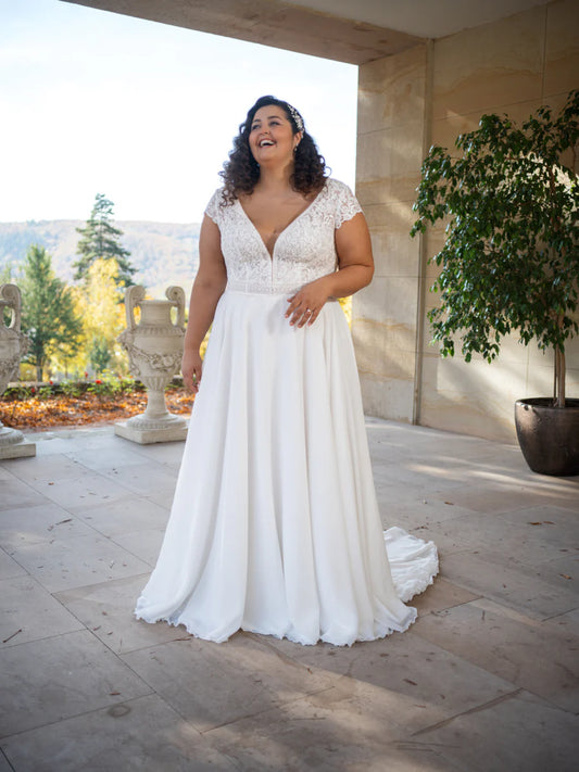 Vestido de novia de gasa con corte en A, talla grande, doble cuello en V, bata de encaje, vestidos de novia de manga corta, hecho a medida 