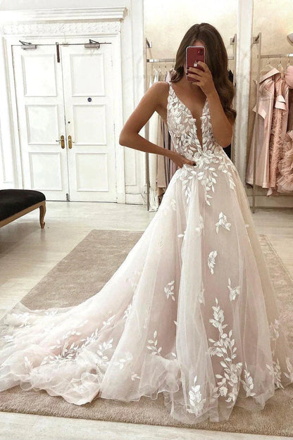 Lorie Blush Pink Lace Gaun Pengantin Elegan Appliques V-Neck Berpotongan Rendah A-Line Bride Gowns Princess Spaghetti Tali Gaun Pengantin Gaun Pengantin