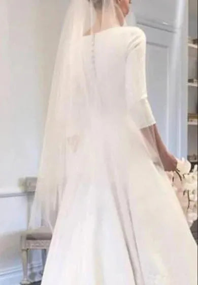 A Line Wedding Dresses With Three Quarter Sleeve Meghan Markle Style Vintage Bateau Covered Buttons Back Simple Bridal Ivory