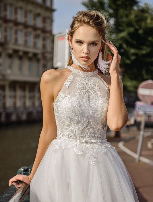 Geliebt half Hals böhmische Hochzeitskleid für Frauen Spitzen Applikationen sexy Rückenfreie Brautkleider Strand Brautkleider Strand Strand