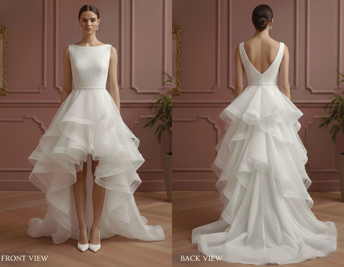 High Low Wedding Dress Organza Short Ruffles Modern Classic