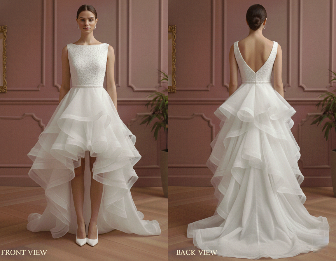 High Low Wedding Dress Organza Short Ruffles Modern Classic