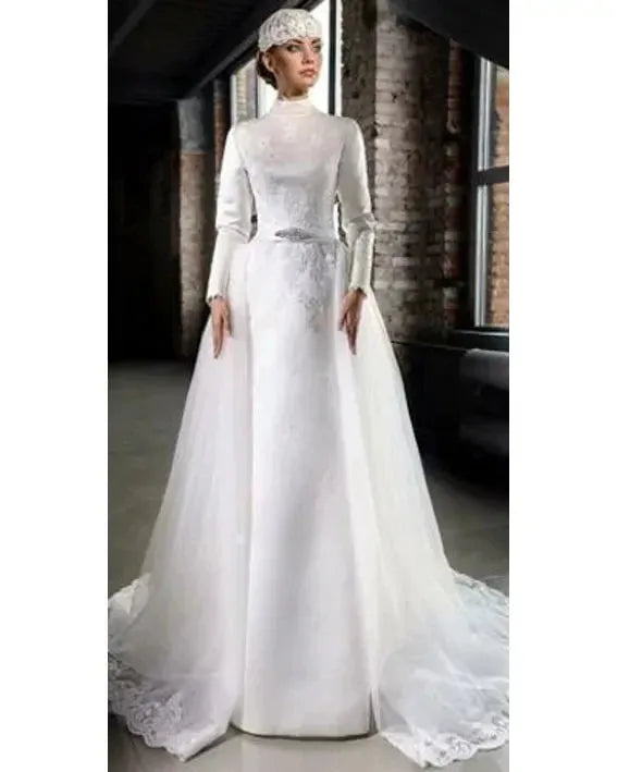 Muslim Wedding Dress | Muslim Wedding Dresses Long Sleeve High Neck Lace Appliques Satin Bride Gowns Mariage Vestido De Novia WHITE