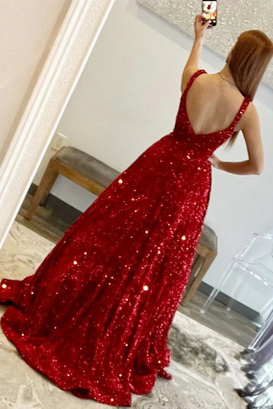 Burgundy Evening Dresses Sequined Sparkly Bling Scoop Neck Strap Long with Pockets Formal Party Prom Gowns Women Elegant