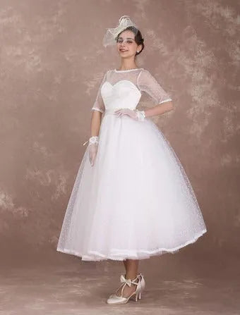 Vintage Short Wedding Dress A-line Satin Lace Bridal Gown with Lining Vestido De Novia Modern Satin Mermaid Bow Satin Court Train Sleeves Princess White Bridal Gown Satin