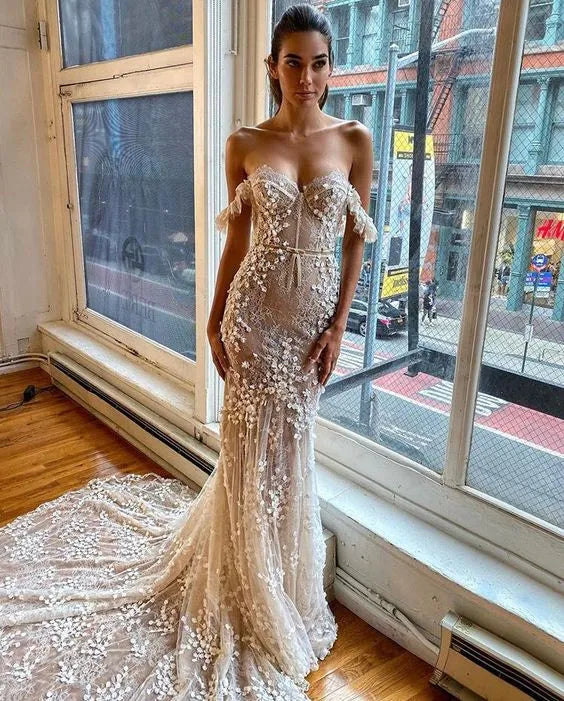 Elegant Mermaid Wedding Dresses Off the Shoulder Sweetheart Full Lace Bride Dresses Trumpet Princess Bridal Gowns