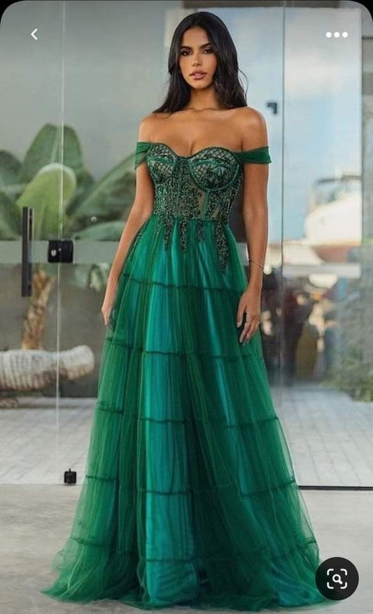 Sexy Off Shoulder Prom Dresses Elegant Green Fas Kaftan kadın Sequins Embroid Maxi Vestidos De Noche Tulle Prom Gown