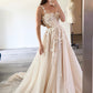 A-Line Elegant Wedding Dresses Sleeveless Appliques Tulle Champagne Bridals Party Gowns for Women Long vestidos de novia