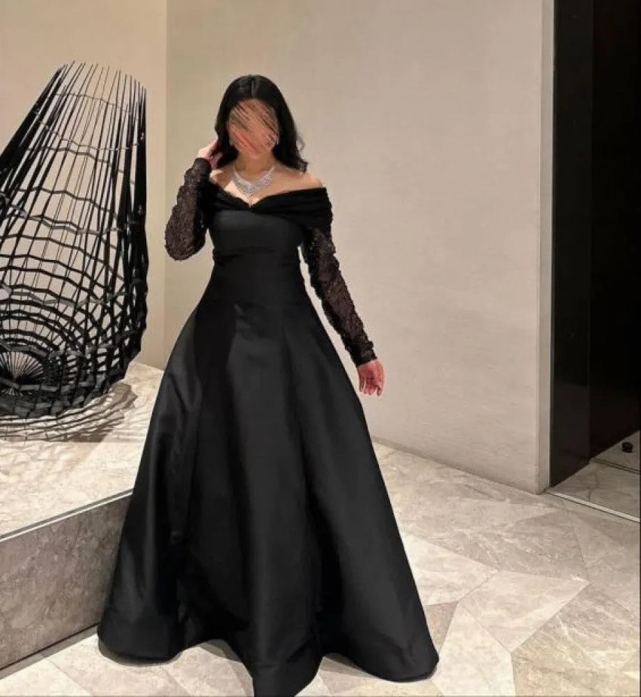 Sexy Off Shoulder فساتين سهره فاخره Elegantly A-line Prom Dresses Nobility Glitter Long Sleeves Vestidos De Noche Black