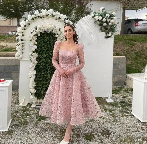 A Line Pink Shiny Short Wedding Dresses Long Sleeves Bridals Gowns Sequined Midi Bride Party Dresses Elegant Evening Dress WHITE