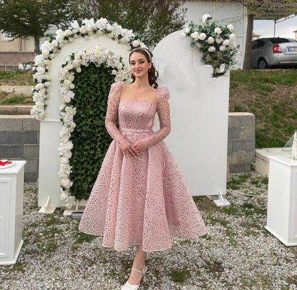 A Line Pink Shiny Short Wedding Dresses Long Sleeves Bridals Gowns Sequined Midi Bride Party Dresses Elegant Evening Dress