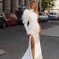 Wedding Dress of a Fitted Silhouette with Voluminous Sleeves on One Shoulder and a Slit in the Skirt Princess Court Train Satin Modern White Sleeves Bridal Gowns Vestido De Novia Mermaid