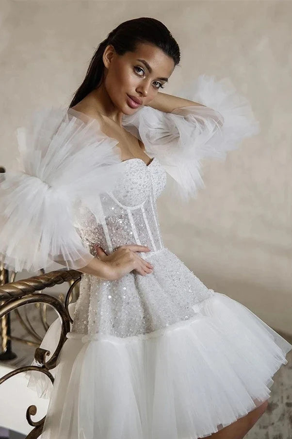 Fesyen Puffy Tulle Short Prom Parti Dresses Off Shoulder Glitter Sequins Tulle Birthday Dress Women Mini Cocktail Gown