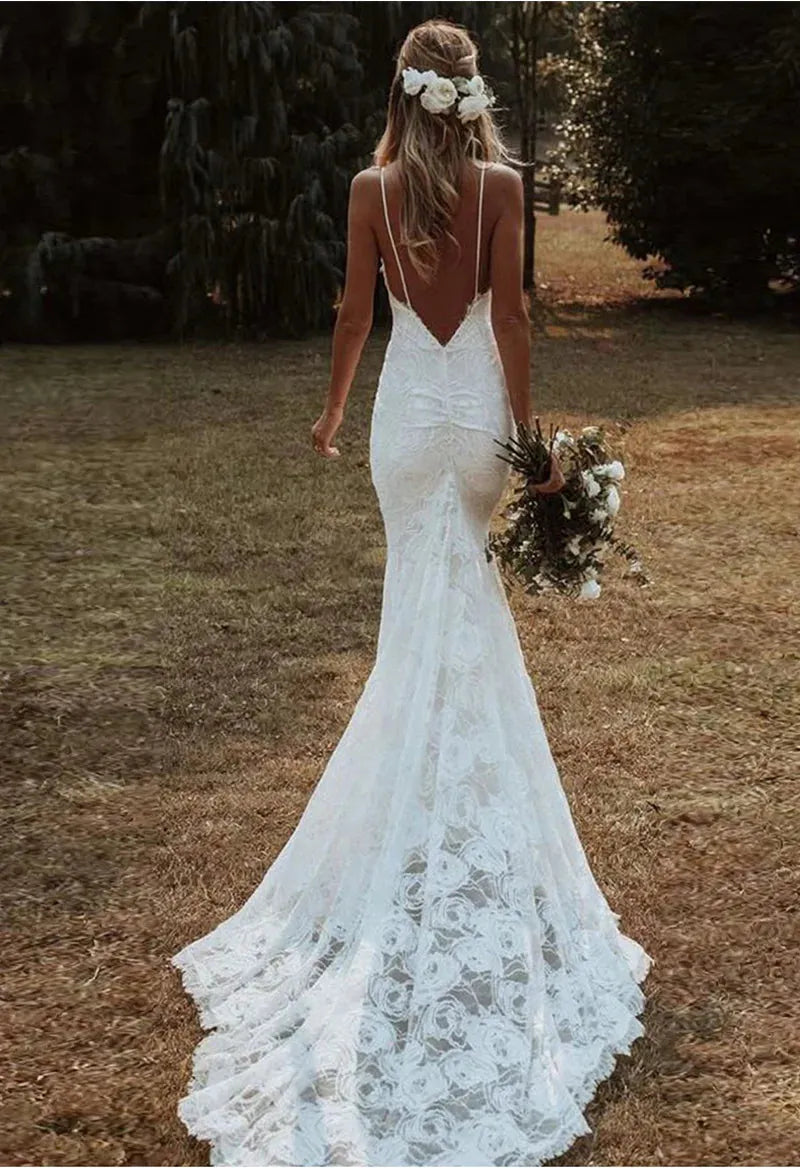 Spaghetti Straps V Neck Mermaid Wedding Dresses Lace Summer Beach Boho Wedding Gowns Elegant Backless Custom Bridal Dress Ivory 20w Boho