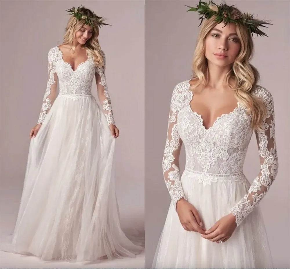 Roddrsya A Line Lengan Panjang Gaun Pengantin Renda Gaun Pengantin Tulle Ivory Vestido de Novia Terbuka Kembali свадеб hal платьental