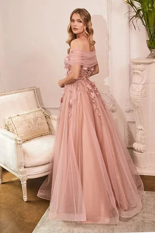 A-line Party Dress Luxury 3D Flower Embroid Evening Dresses Sweet Off Shoulder Vestidos De Noche Pink Prom Dress as pic