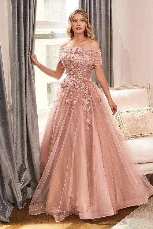 A-line Party Dress Luxury 3D Flower Embroid Evening Dresses Sweet Off Shoulder Vestidos De Noche Pink Prom Dress as pic