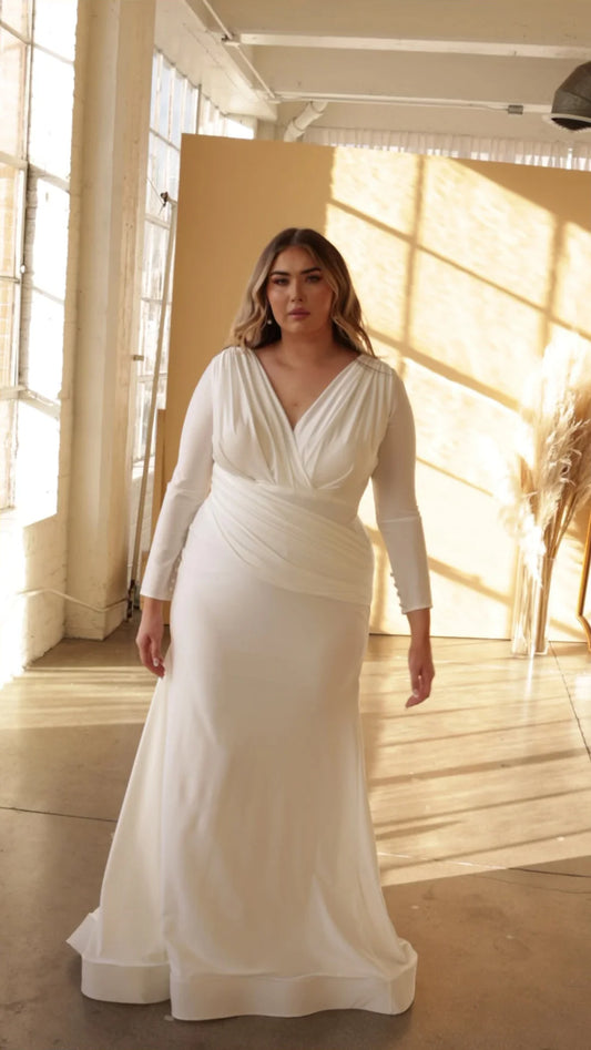 Elegante abito da sposa più dimensioni da donna a maniche lunghe abiti da sposa doppia sposa a V Mermaid Mermaid Satin Vestidos de nolia