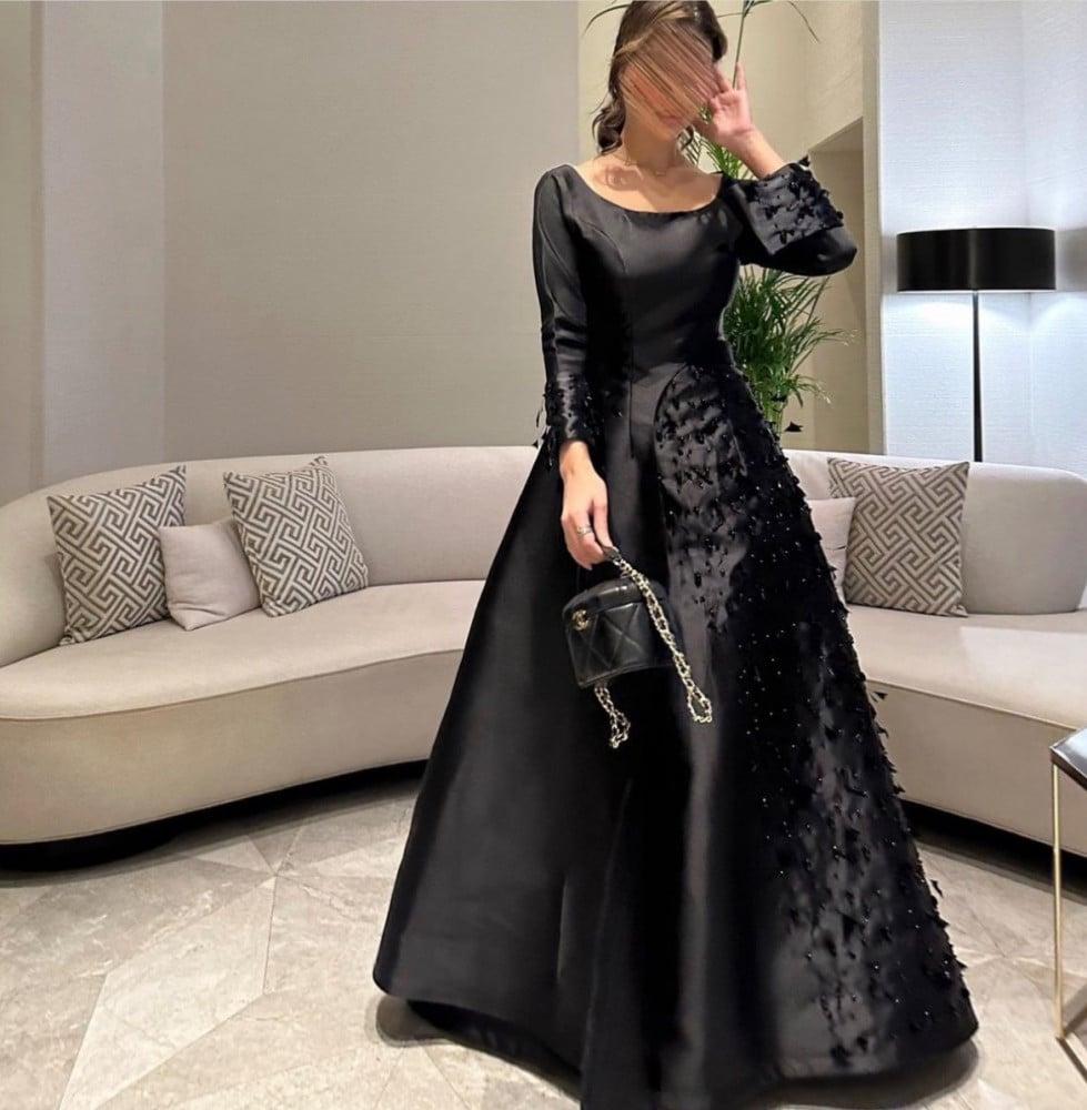 Black Long Sleeves فساتين سهره فاخره  Satin Slim A-line Prom Dresses Nobility Elegantly Handmade Vestidos De Noche