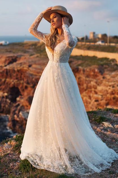 Gaun pengantin renda yang elegan boho lengan panjang tulle pengantin gaun gaun pengantin pantai bohemia puteri berpakaian puteri